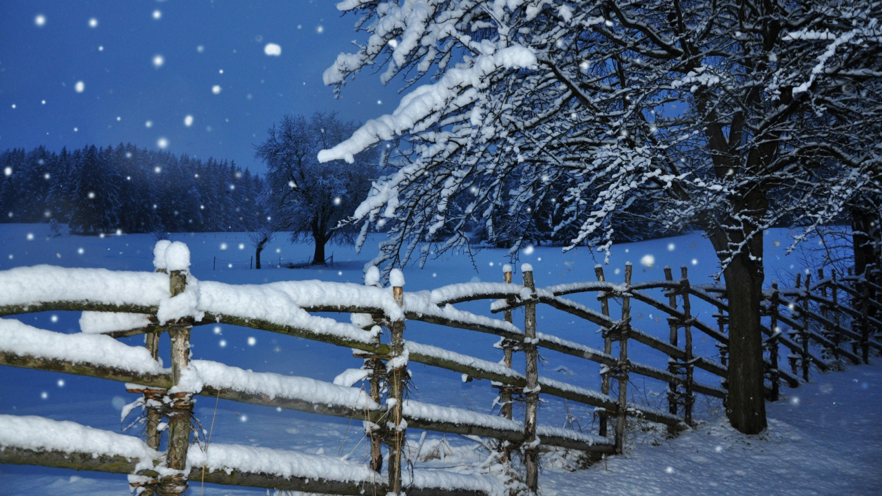Valla de Madera Marrón Cubierta de Nieve Durante la Noche. Wallpaper in 1280x720 Resolution