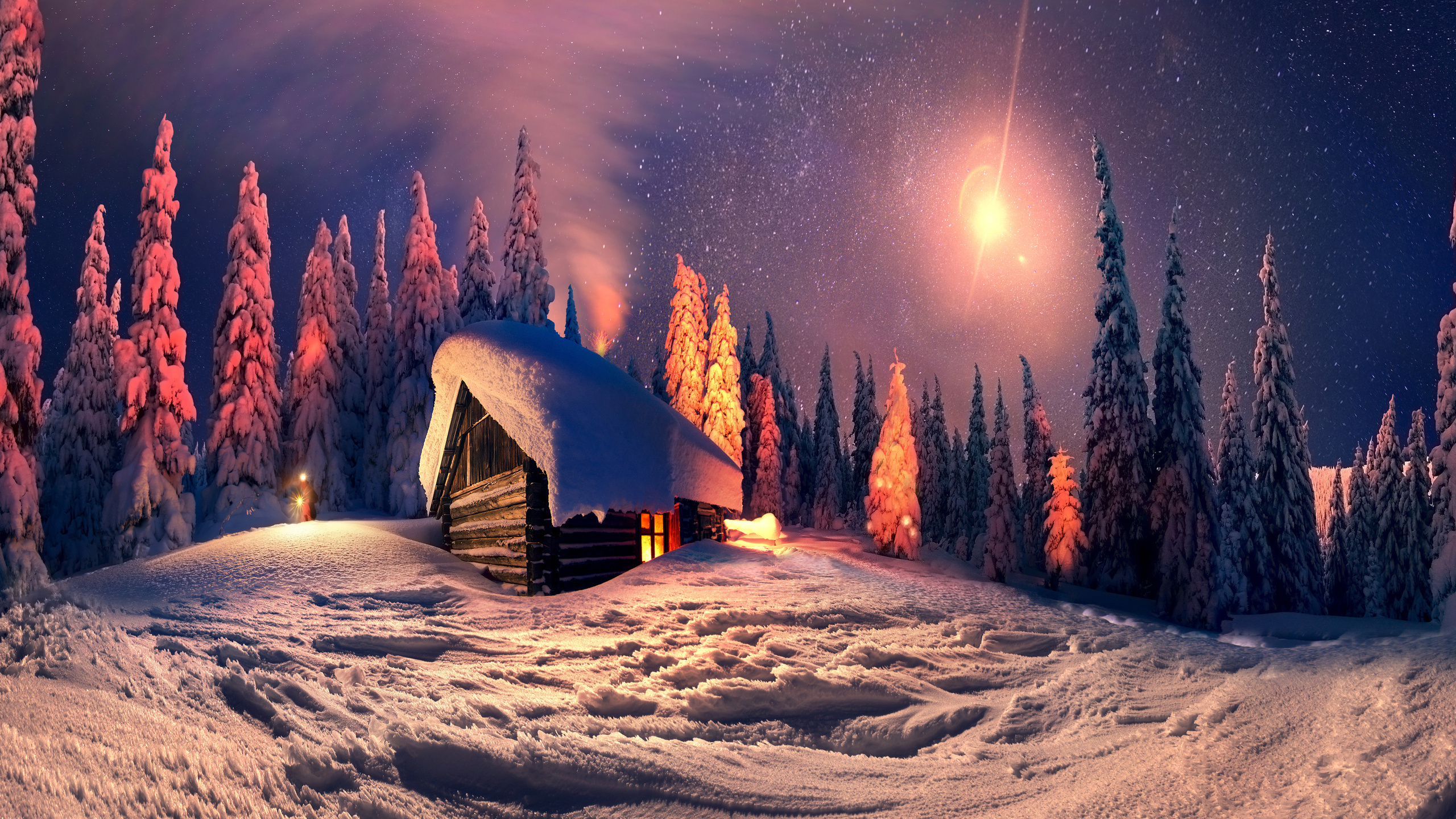 Brown Wooden House on Snow Covered Ground During Night Time. Wallpaper in 2560x1440 Resolution