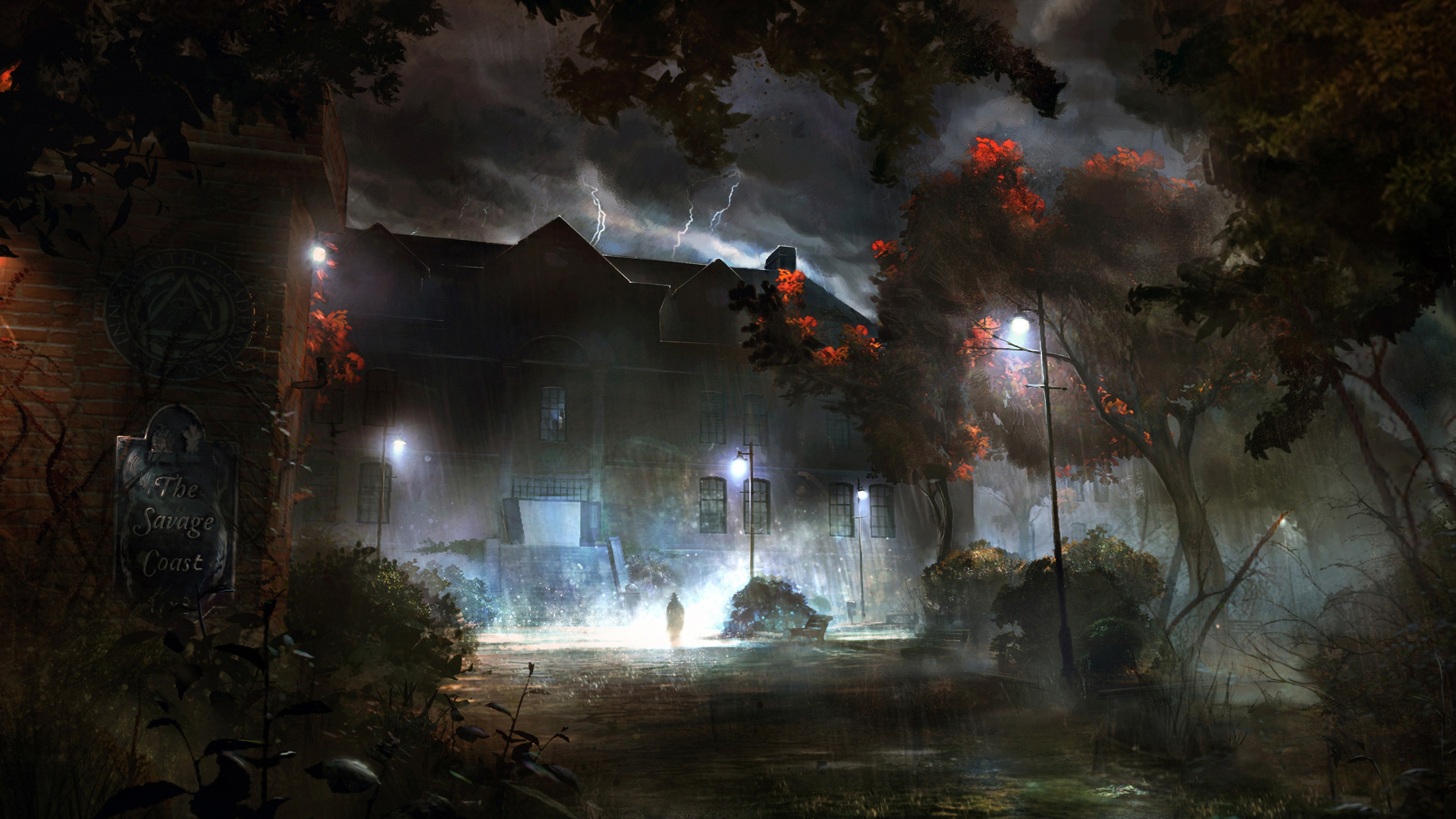 Fuente de Agua en Frente de la Casa Durante la Noche.. Wallpaper in 2560x1440 Resolution