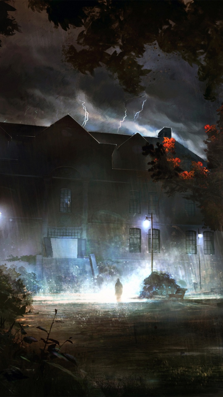 Fuente de Agua en Frente de la Casa Durante la Noche.. Wallpaper in 720x1280 Resolution