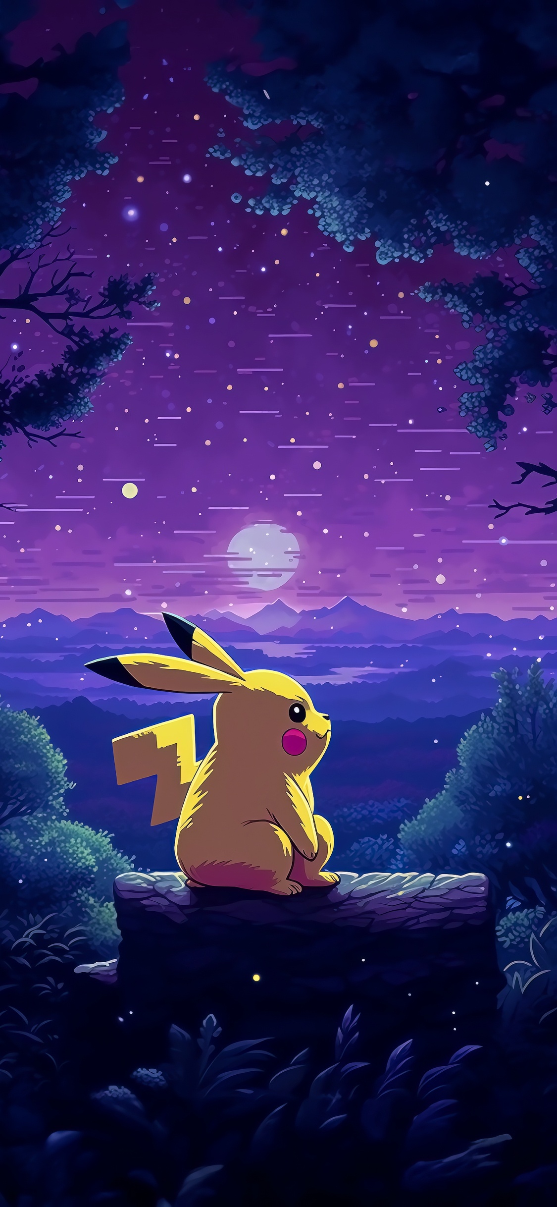 Pikachu, Ambiente, Morado, Naturaleza, Caricatura. Wallpaper in 1125x2436 Resolution