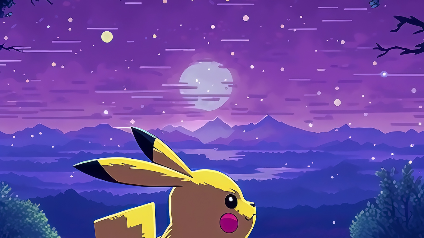 Pikachu, Atmosphäre, Purpur, Natur, Cartoon. Wallpaper in 1366x768 Resolution