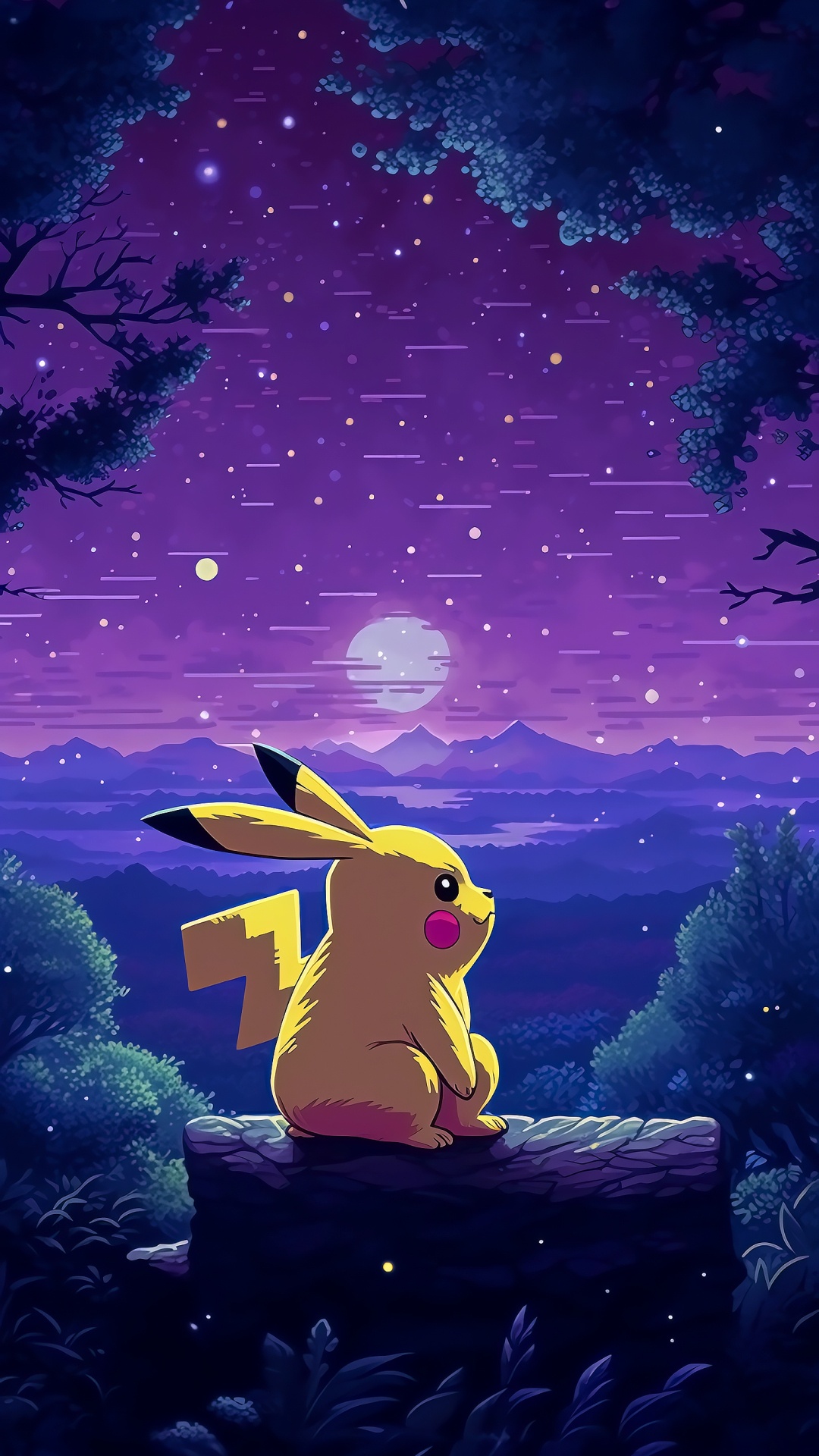 Pikachu, Atmosphere, Purple, Nature, Cartoon. Wallpaper in 1080x1920 Resolution