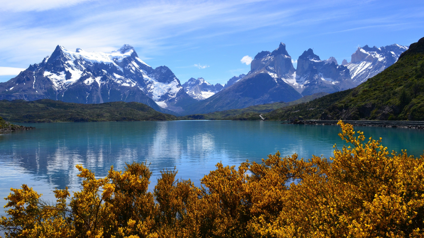 Green Trees Near Lake and Snow Covered Mountain During Daytime. Wallpaper in 1366x768 Resolution