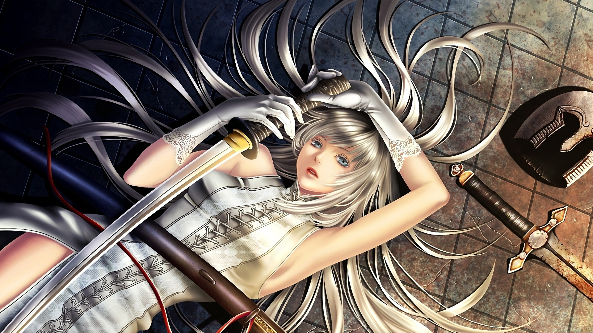 Femme en Robe Blanche Sans Manches Allongée Sur un Textile Noir et Blanc. Wallpaper in 1920x1080 Resolution