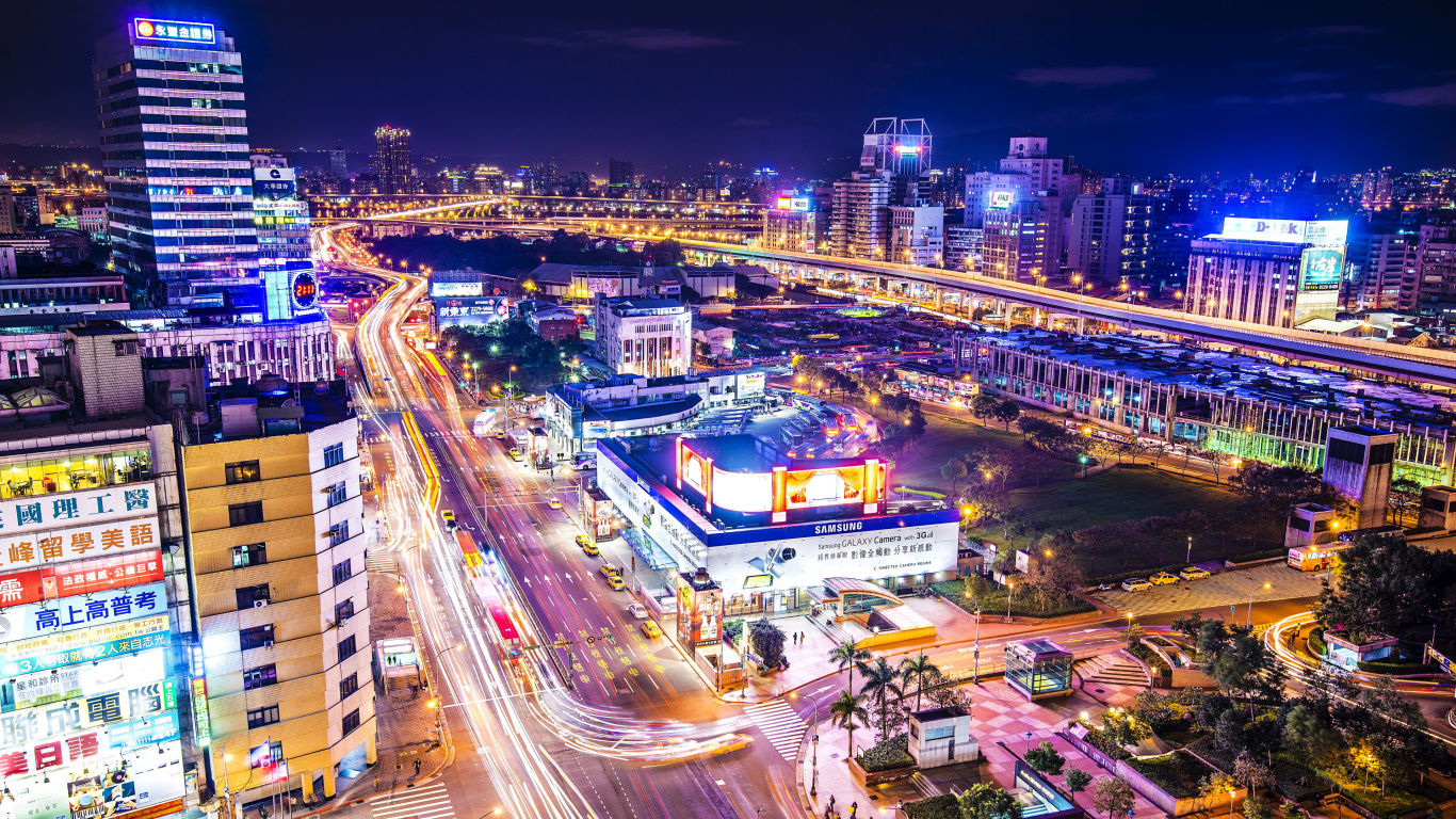 Aerial View of City During Night Time. Wallpaper in 1366x768 Resolution