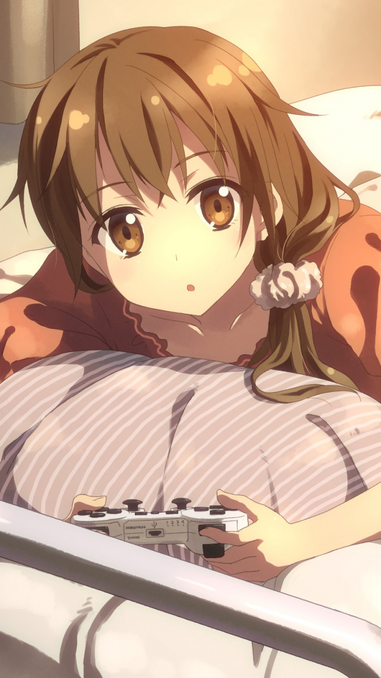 Braunhaarige Mädchen Anime-Figur Auf Dem Bett Liegend. Wallpaper in 750x1334 Resolution