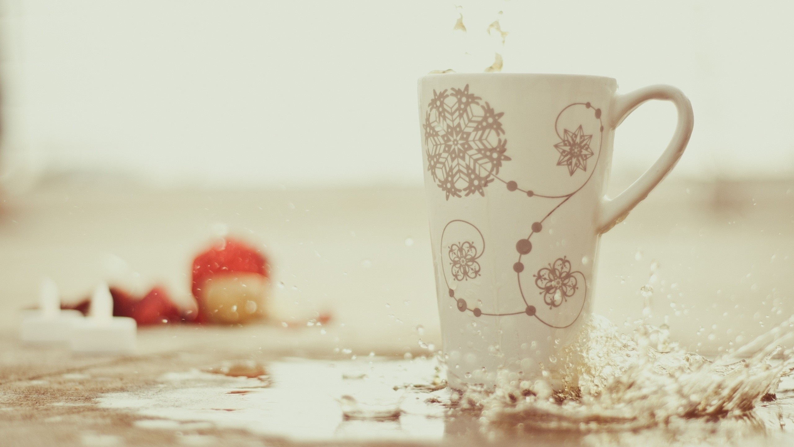 White Ceramic Mug on White Table. Wallpaper in 2560x1440 Resolution