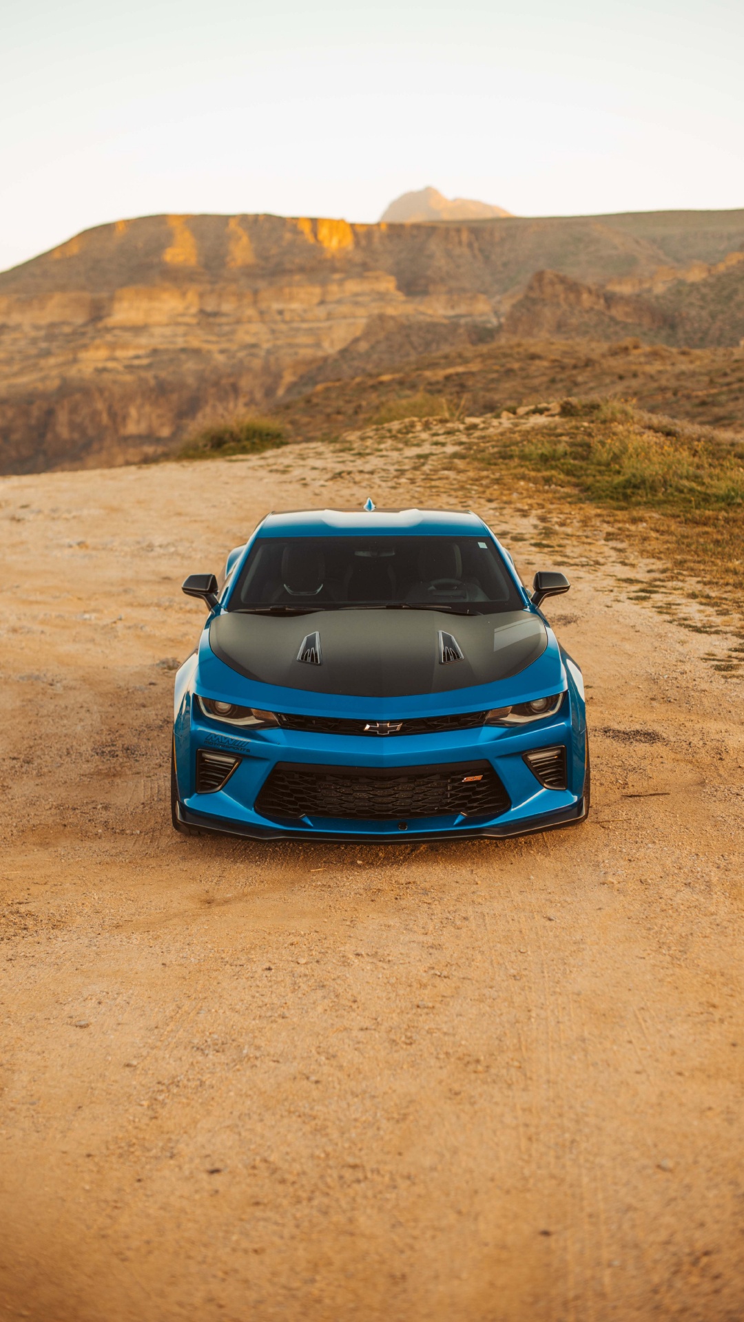 Blauer Chevrolet Camaro Auf Braunem Sand. Wallpaper in 1080x1920 Resolution