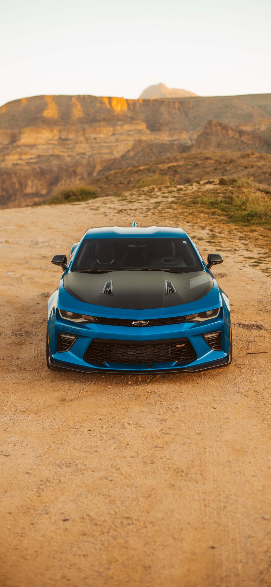 Blauer Chevrolet Camaro Auf Braunem Sand. Wallpaper in 1125x2436 Resolution