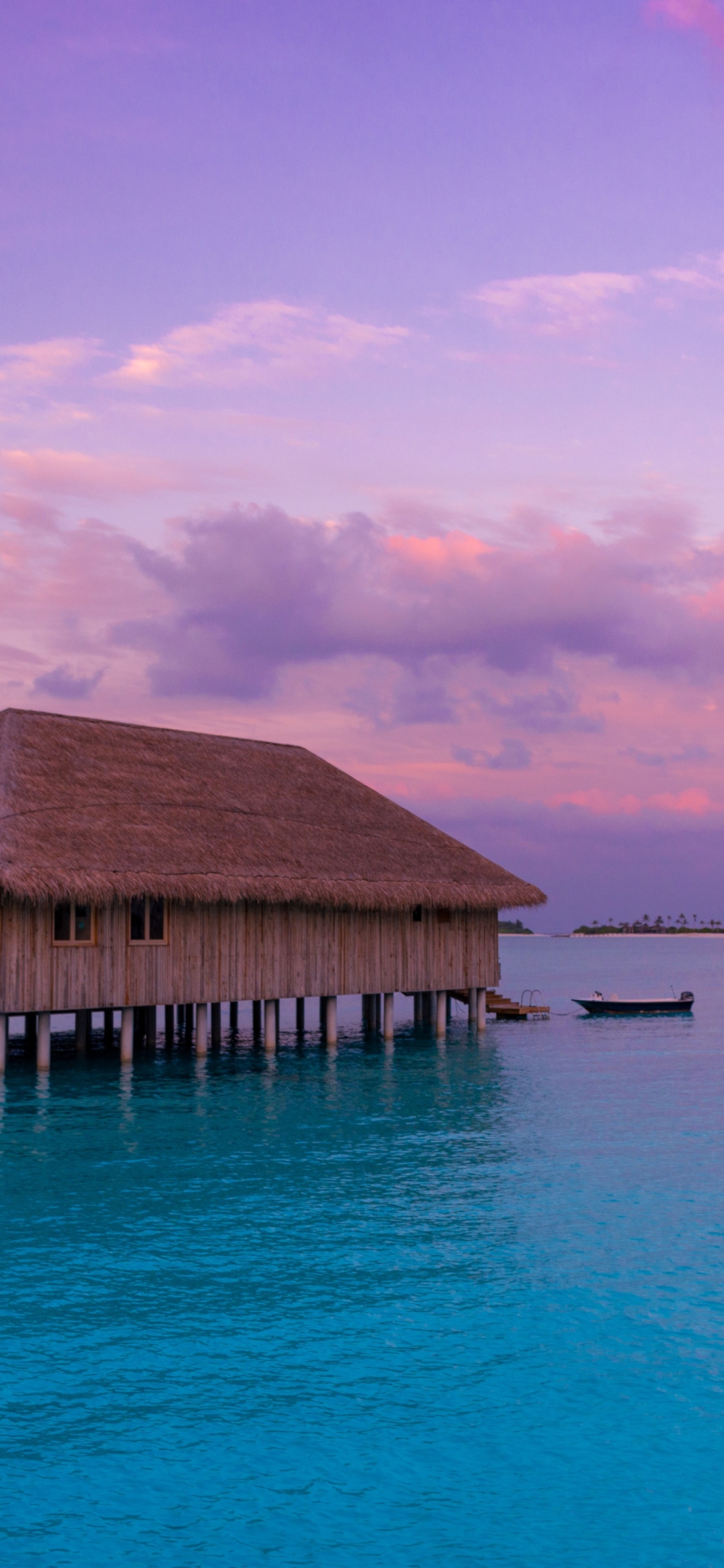 Bungalow, Sea, Ocean, Horizon, Tropics. Wallpaper in 1125x2436 Resolution