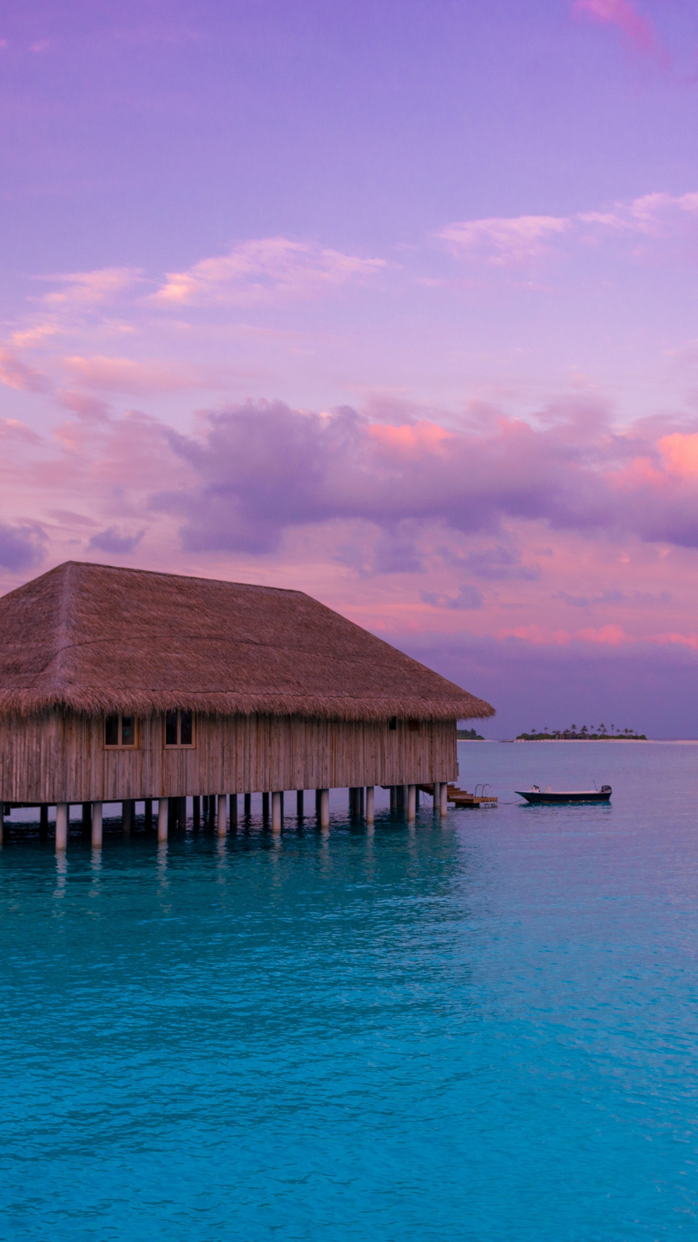 Bungalow, Sea, Ocean, Horizon, Tropics. Wallpaper in 1440x2560 Resolution