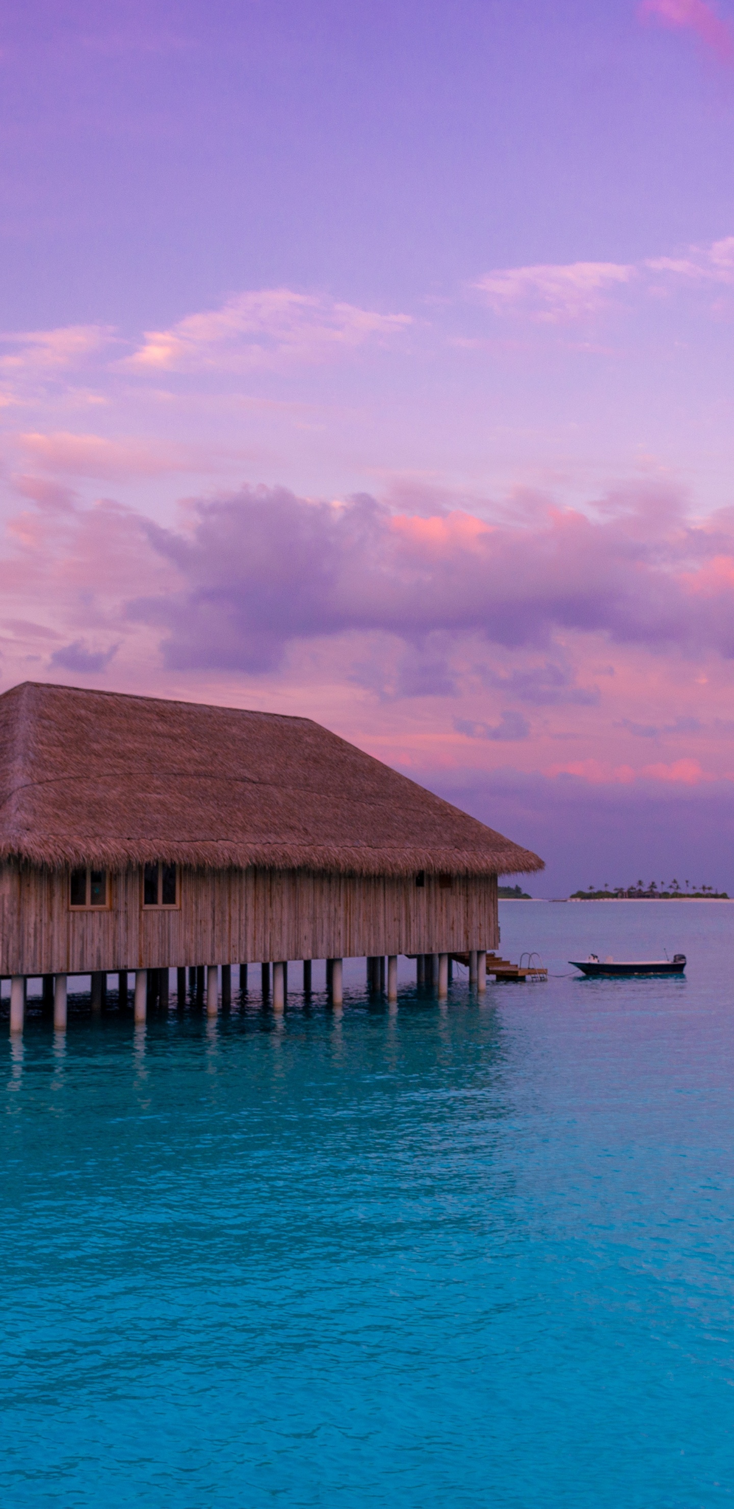 Bungalow, Sea, Ocean, Horizon, Tropics. Wallpaper in 1440x2960 Resolution