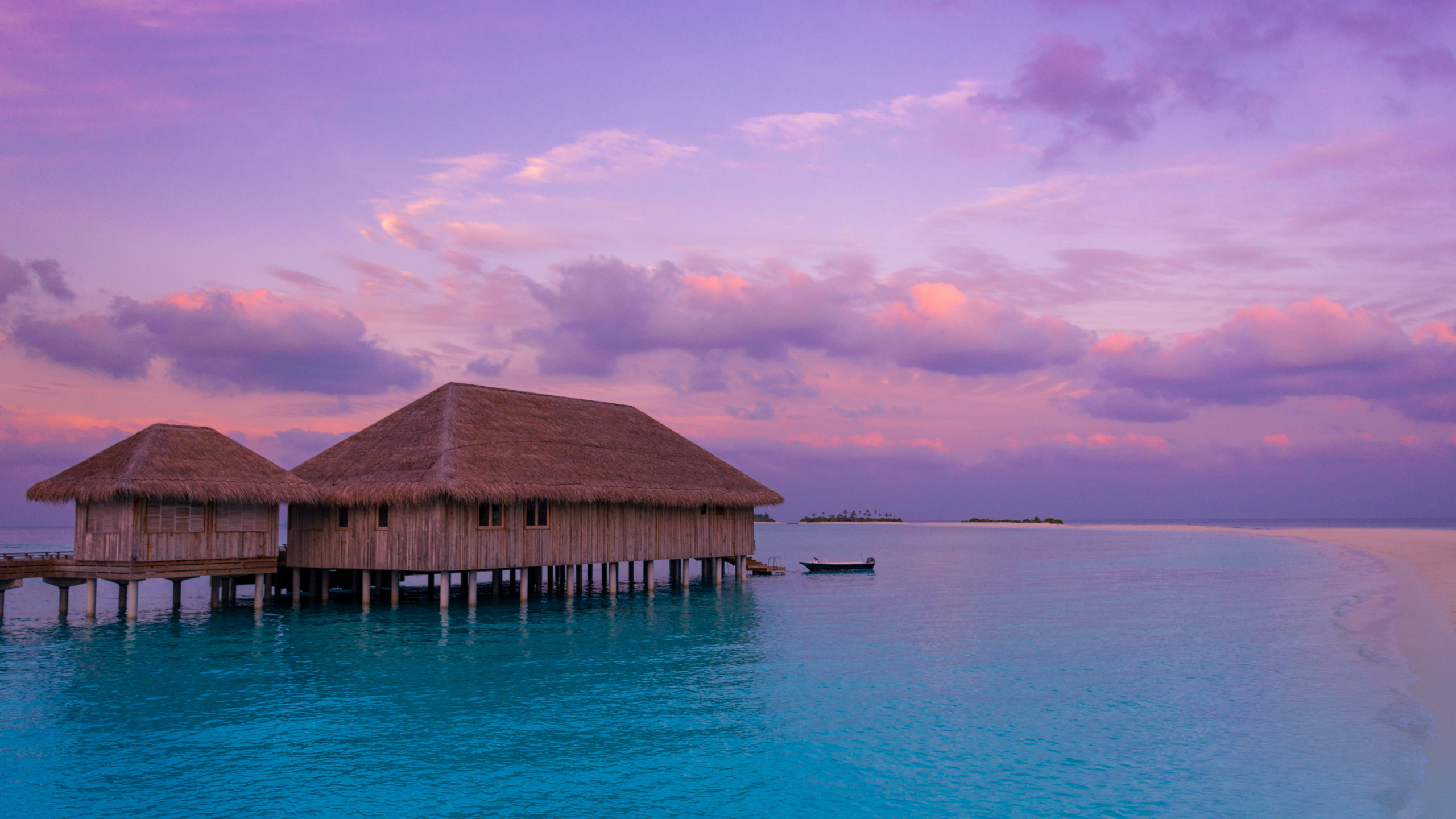 Bungalow, Sea, Ocean, Horizon, Tropics. Wallpaper in 2560x1440 Resolution