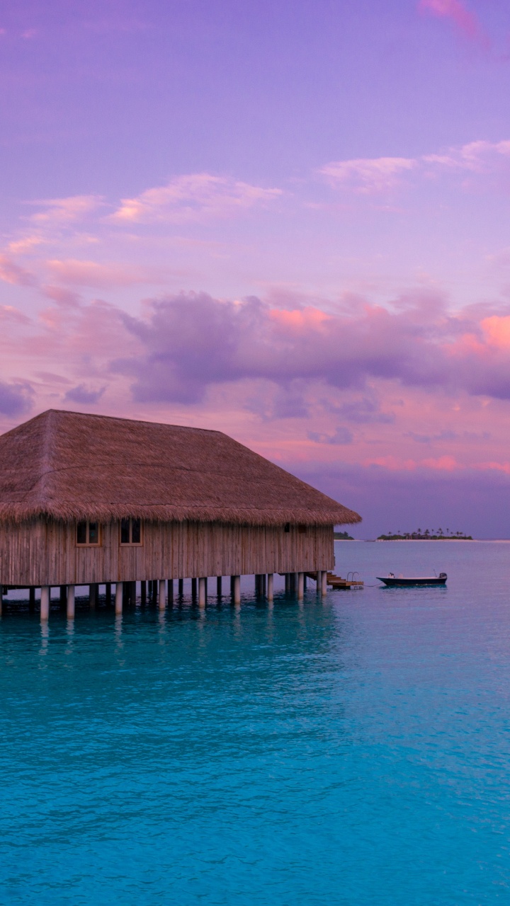 Bungalow, Sea, Ocean, Horizon, Tropics. Wallpaper in 720x1280 Resolution