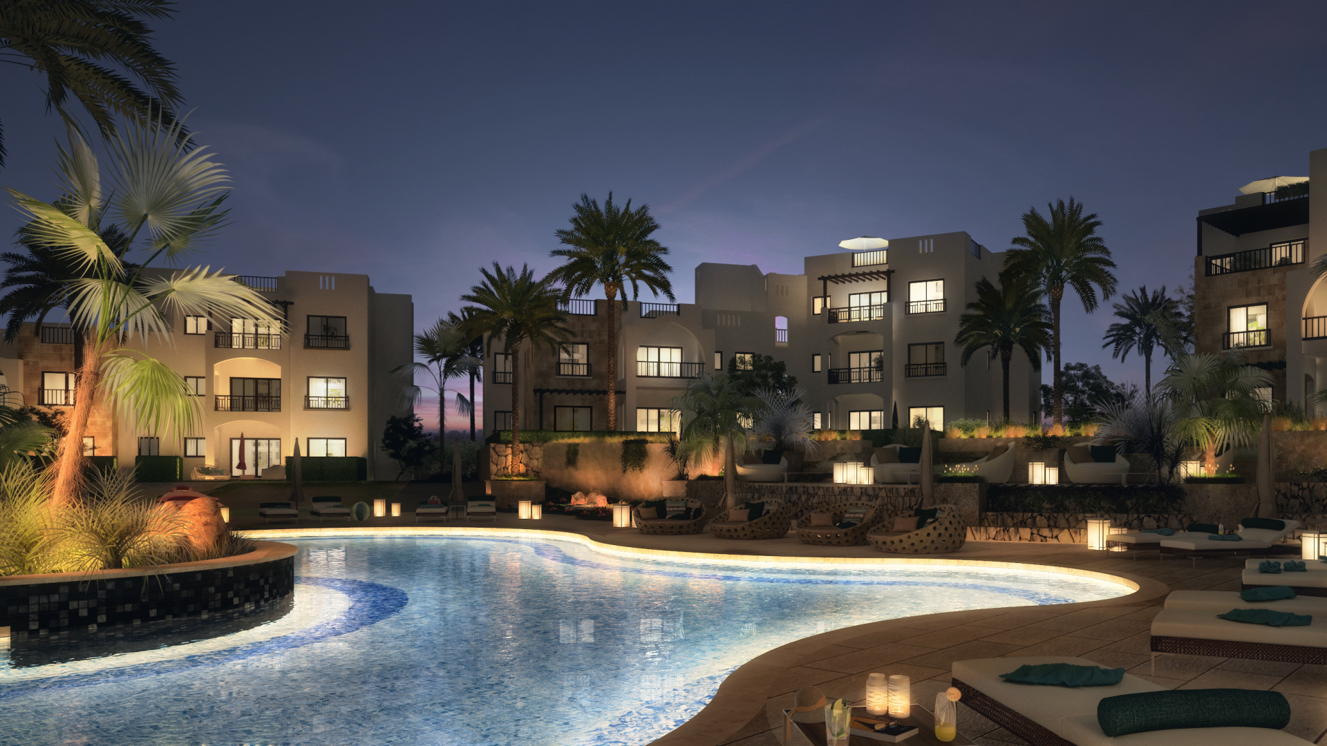 Piscina Cerca de Árboles Verdes y Edificio Durante la Noche. Wallpaper in 1920x1080 Resolution