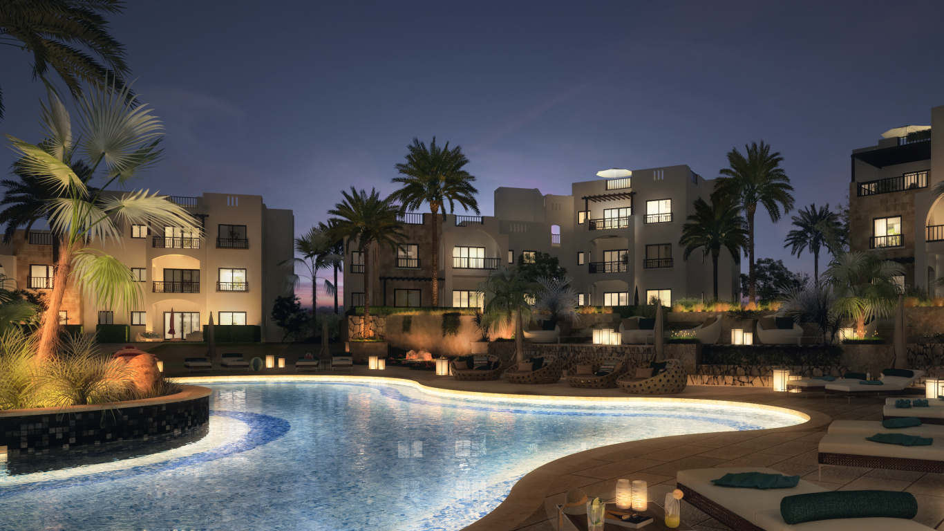 Swimming Pool Near Green Trees and Building During Night Time. Wallpaper in 1366x768 Resolution