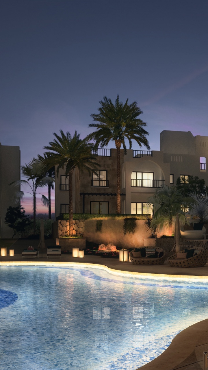 Piscine Près Des Arbres Verts et Bâtiment Pendant la Nuit. Wallpaper in 720x1280 Resolution