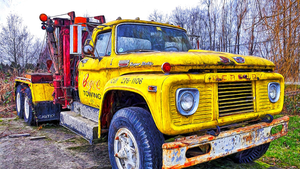 Camion Jaune et Rouge Près Des Arbres Nus Pendant la Journée. Wallpaper in 1280x720 Resolution