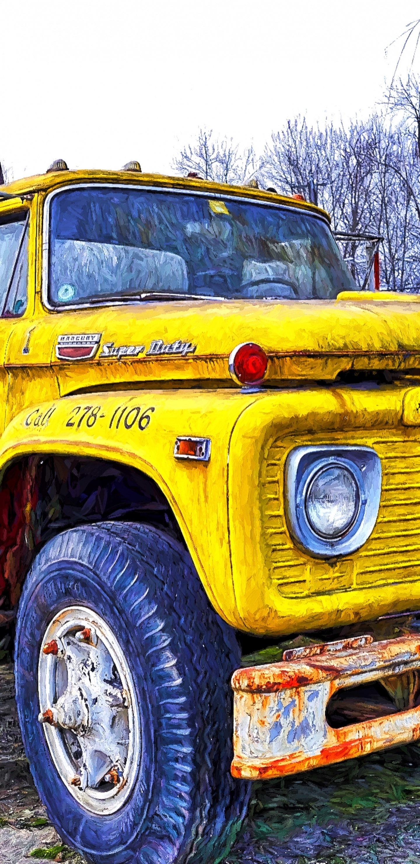 Camión Amarillo y Rojo Cerca de Árboles Desnudos Durante el Día. Wallpaper in 1440x2960 Resolution