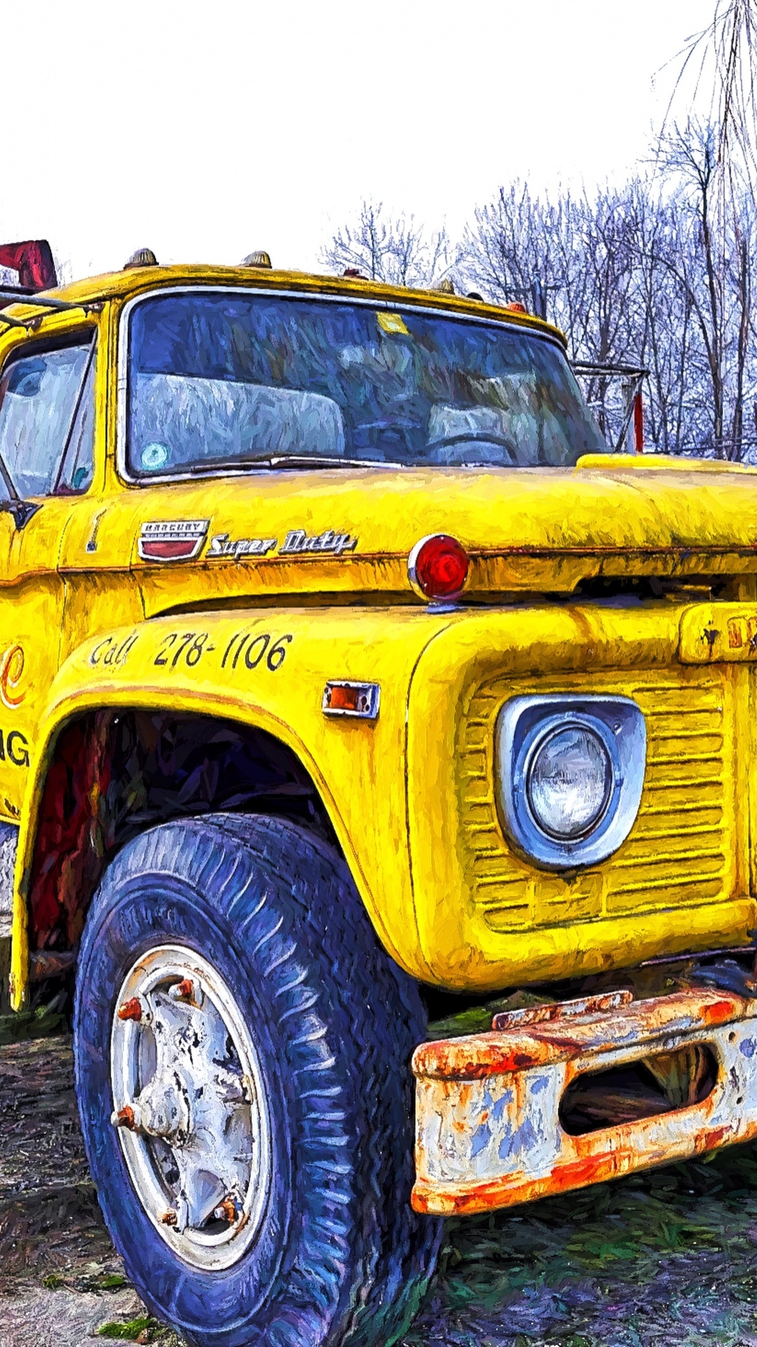 Yellow and Red Truck Near Bare Trees During Daytime. Wallpaper in 1080x1920 Resolution