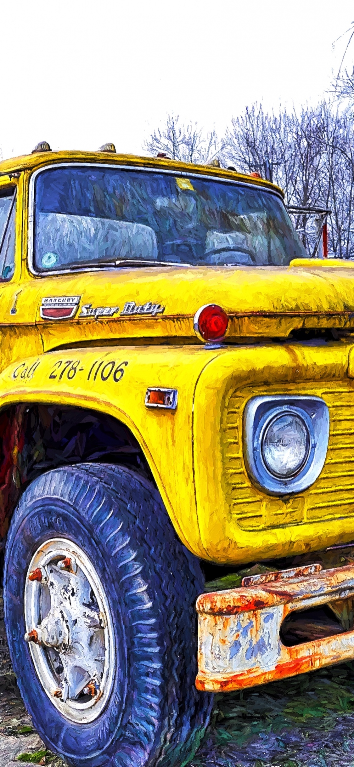 Yellow and Red Truck Near Bare Trees During Daytime. Wallpaper in 1125x2436 Resolution