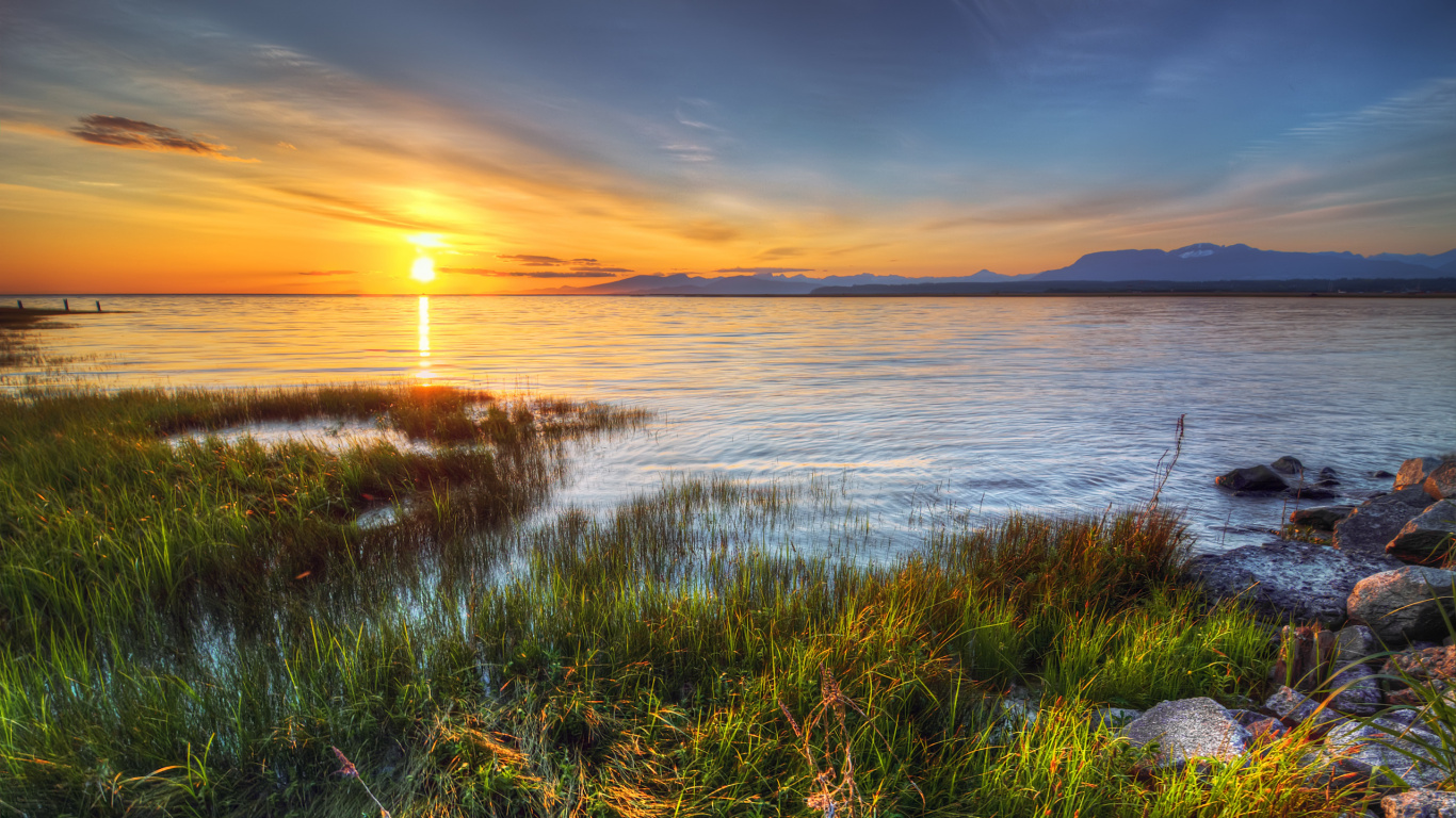 Green Grass Near Body of Water During Sunset. Wallpaper in 1366x768 Resolution