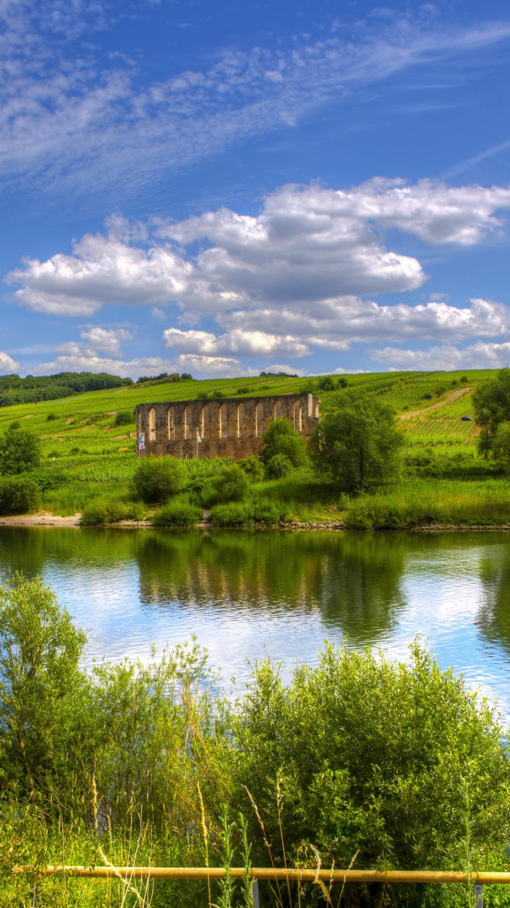 Grüne Wiese in Der Nähe Des Sees Unter Blauem Himmel Tagsüber. Wallpaper in 720x1280 Resolution