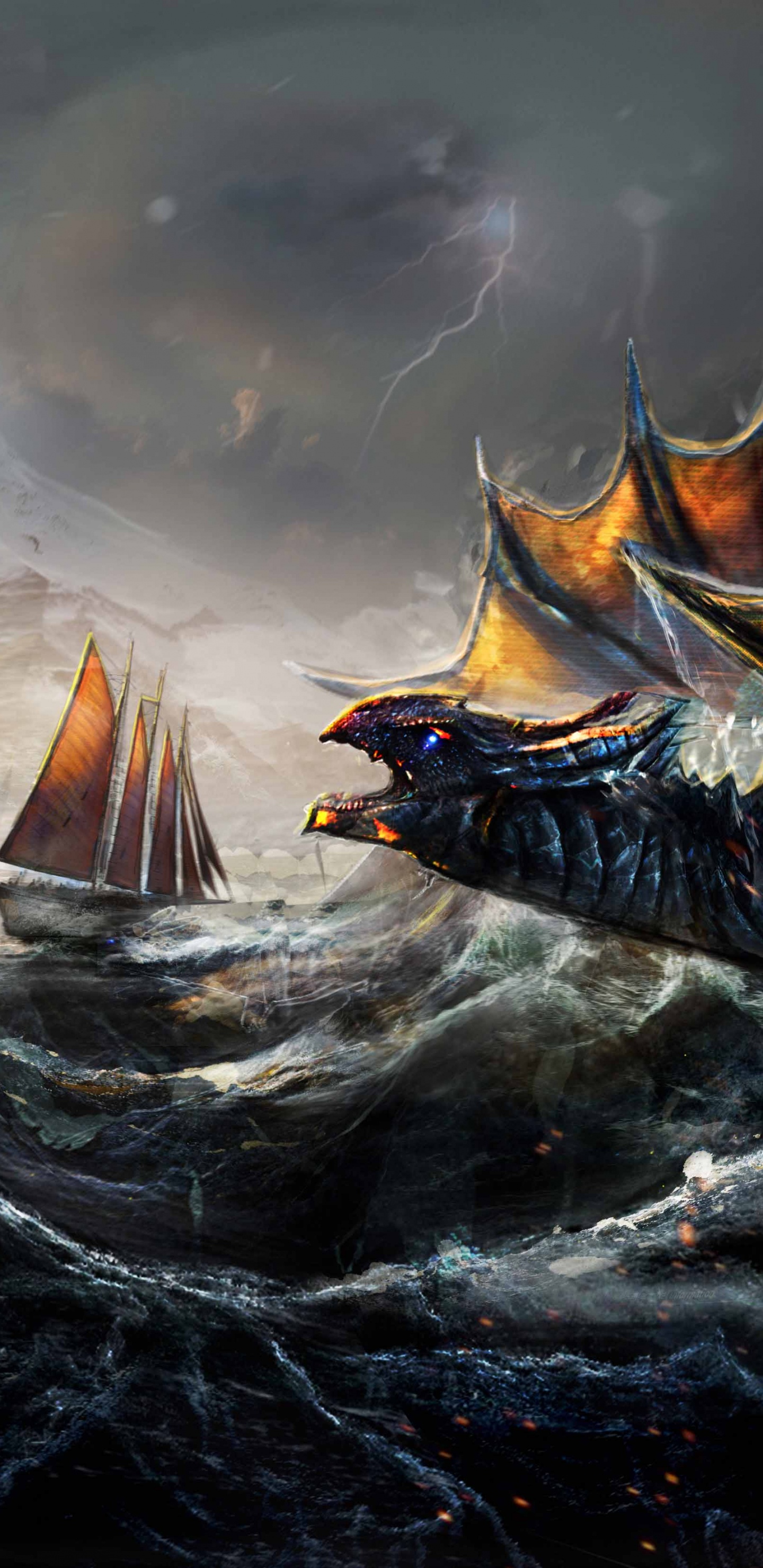 Galeón Marrón y Negro Sobre Pintura de Agua. Wallpaper in 1440x2960 Resolution