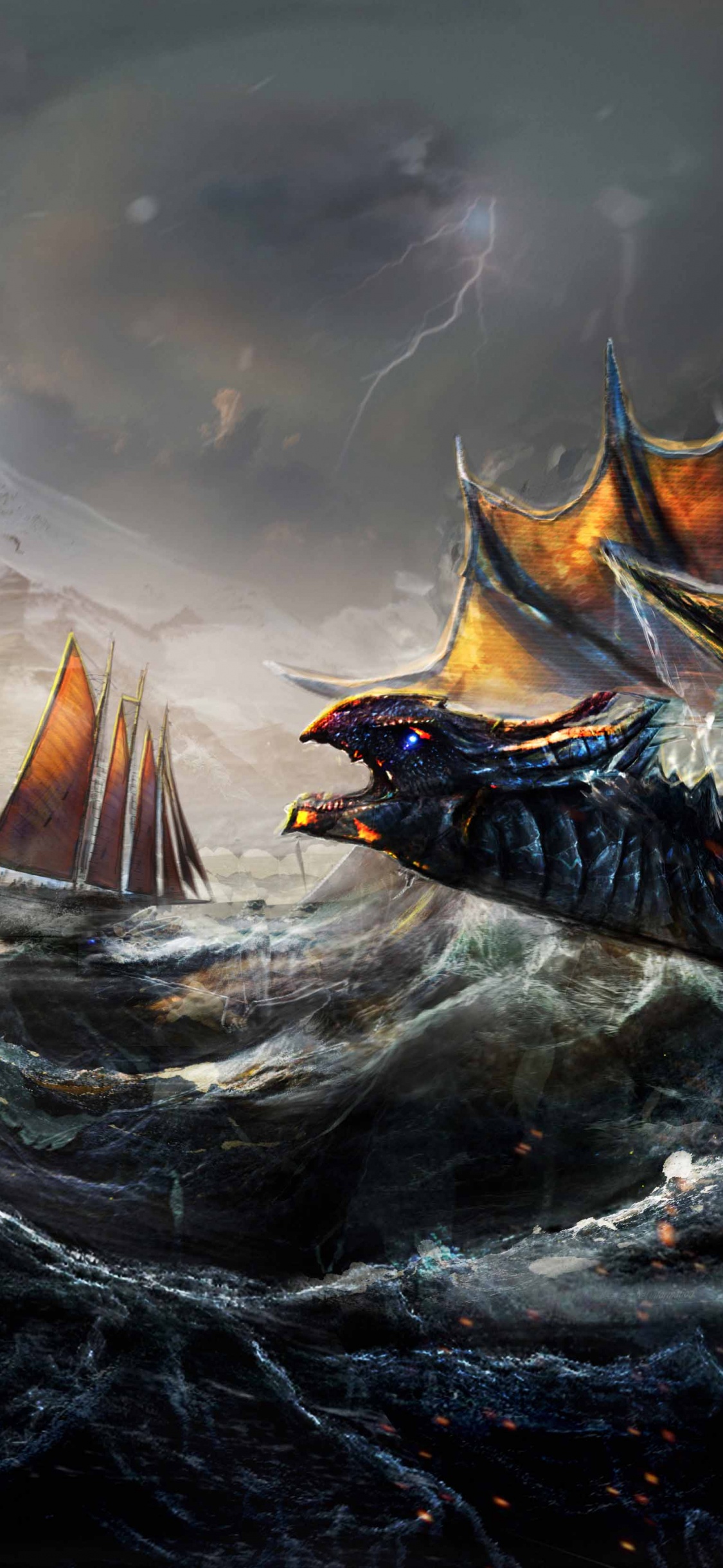 Brown and Black Galleon Ship on Water Painting. Wallpaper in 1125x2436 Resolution