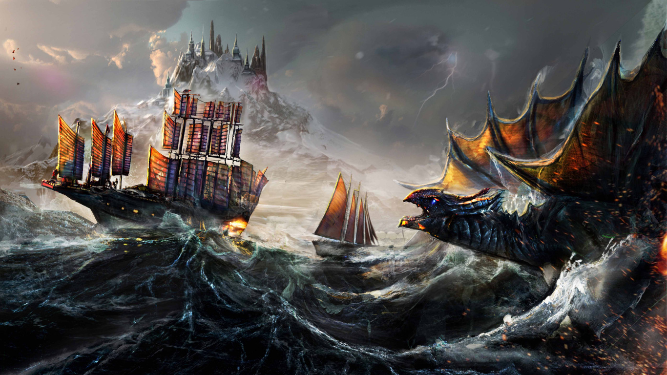 Brown and Black Galleon Ship on Water Painting. Wallpaper in 1366x768 Resolution