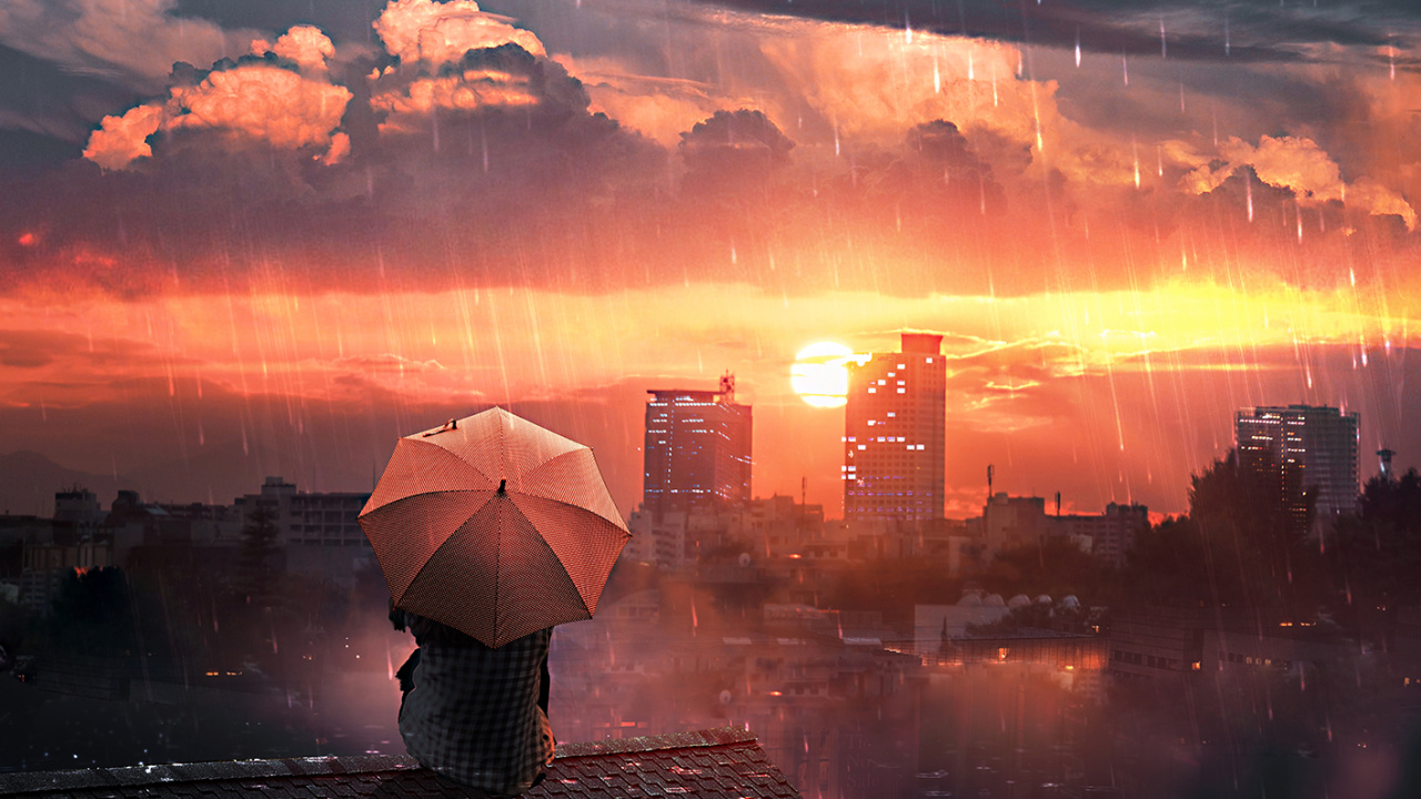 Silhouette of People Holding Umbrella During Sunset. Wallpaper in 1280x720 Resolution