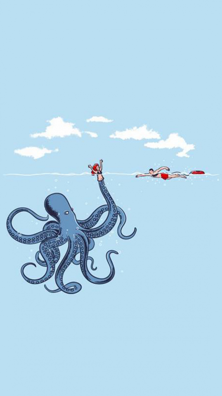 Octopus, Minimalism, Cloud, Marine Invertebrates, Cephalopod. Wallpaper in 750x1334 Resolution