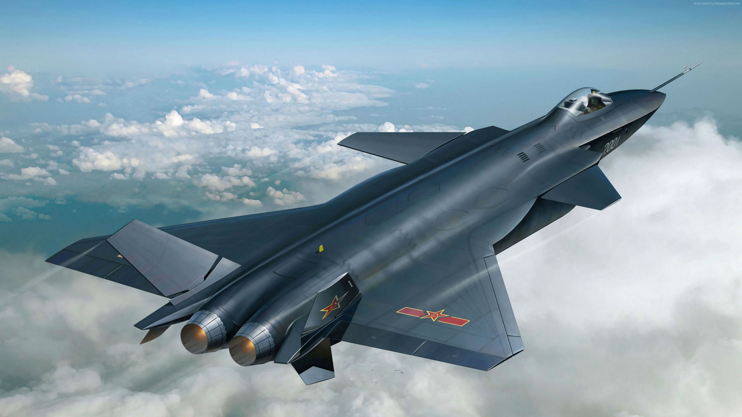 Schwarzes Düsenflugzeug, Das Tagsüber Über Weiße Wolken Fliegt. Wallpaper in 2560x1440 Resolution