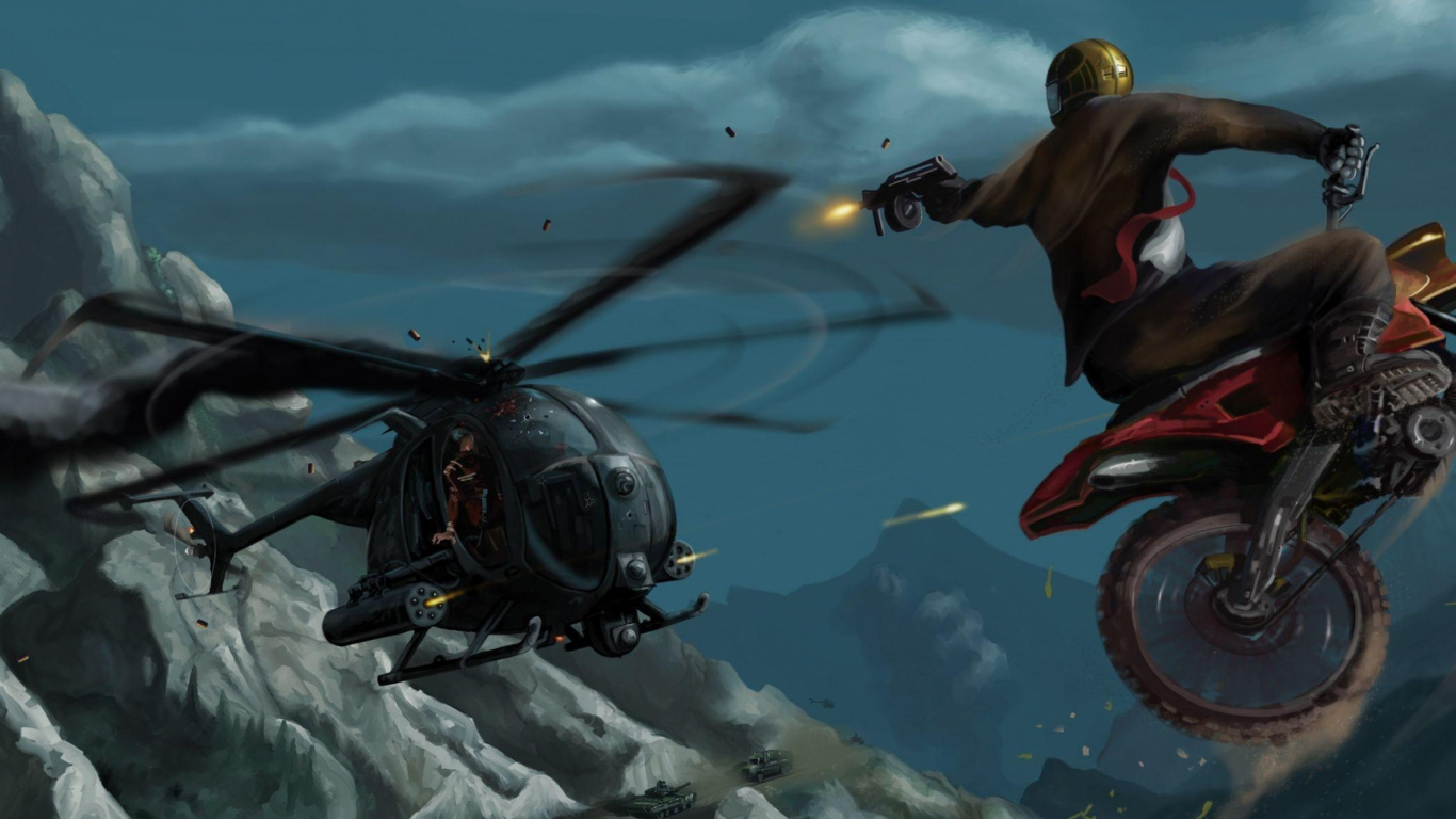 Motocicleta, Aviación, Aventurero, el Modo de Transporte, Rotor de Helicóptero. Wallpaper in 1366x768 Resolution