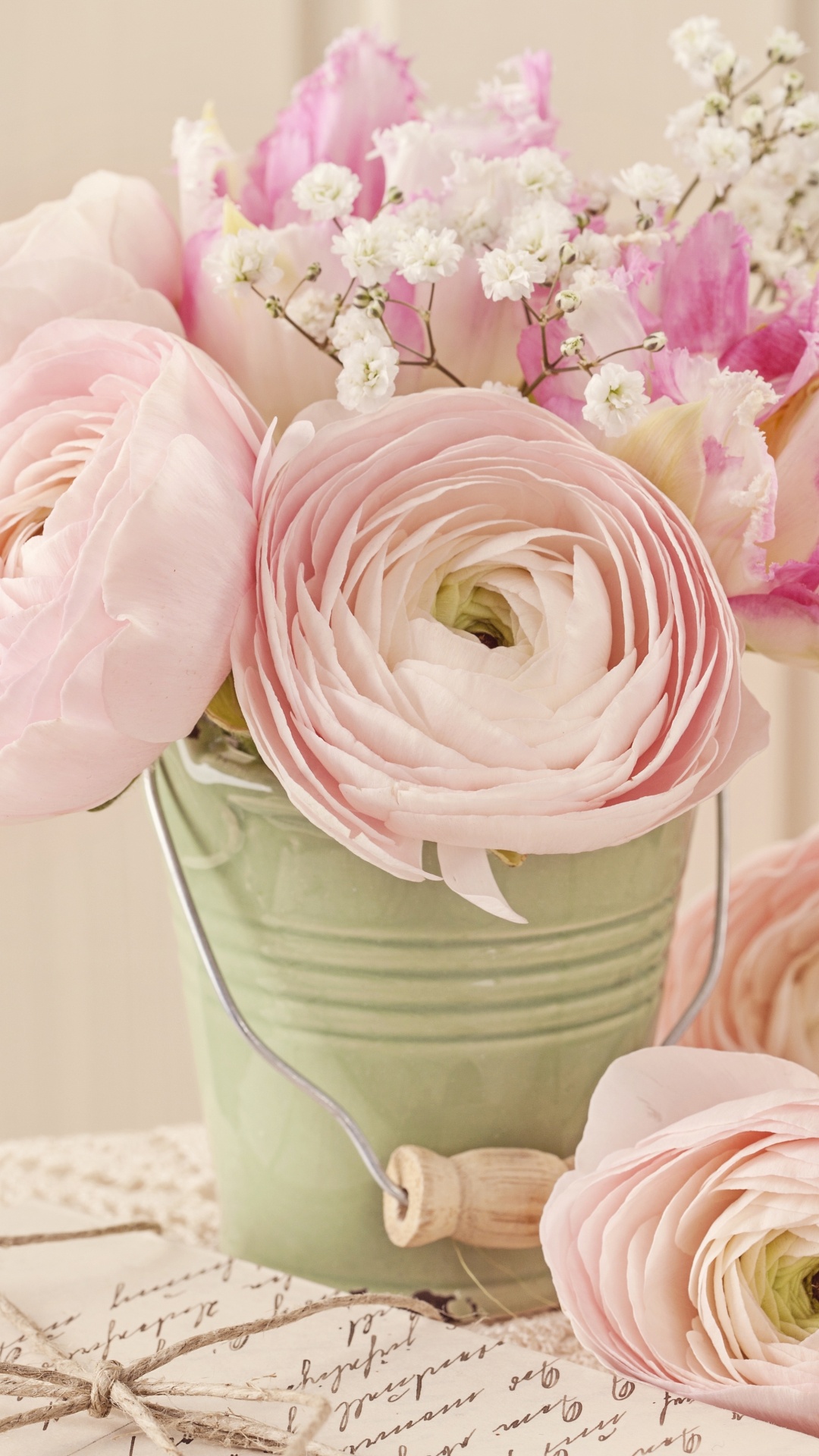 Pink Roses in Green Ceramic Vase. Wallpaper in 1080x1920 Resolution