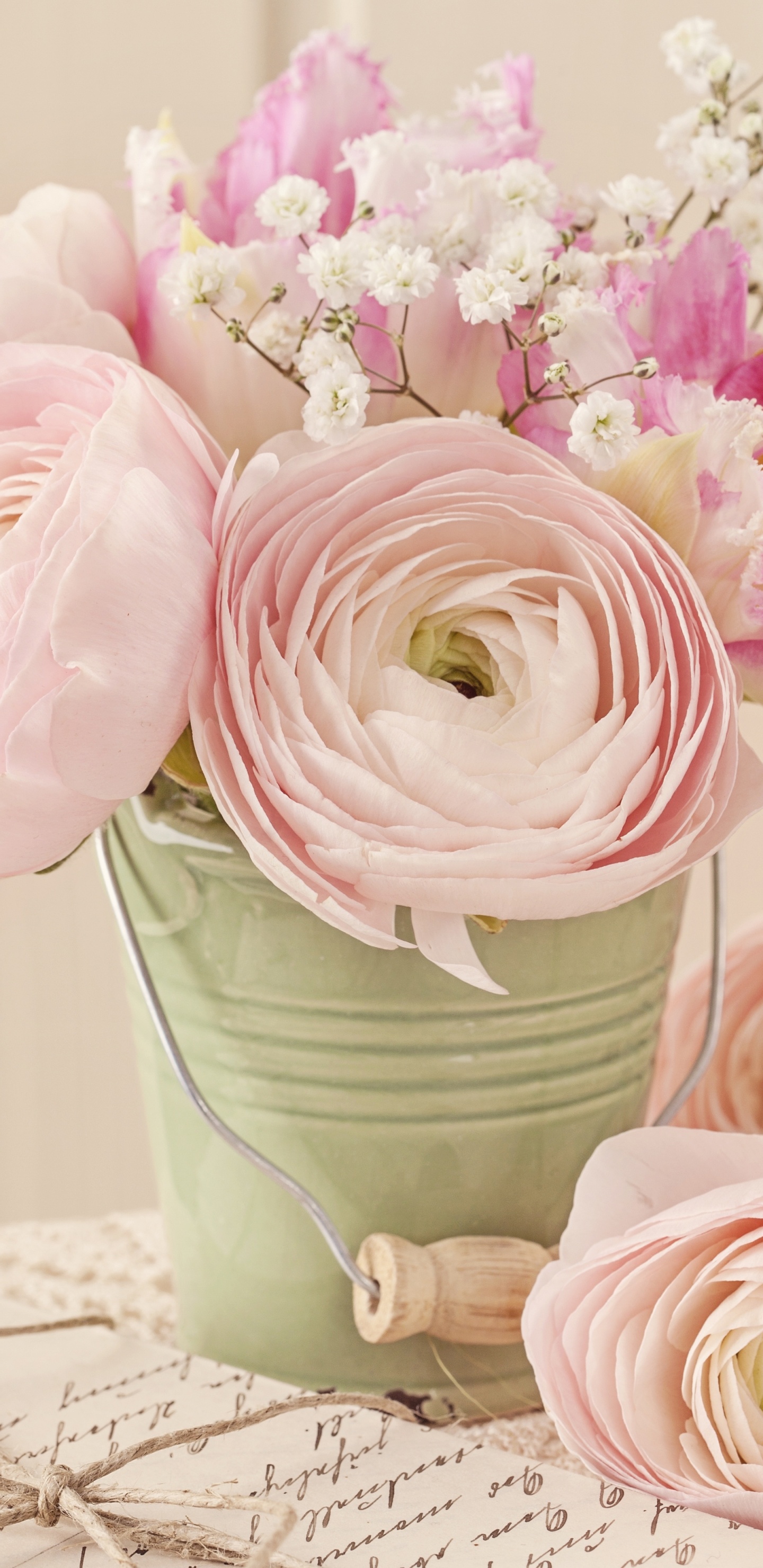 Pink Roses in Green Ceramic Vase. Wallpaper in 1440x2960 Resolution