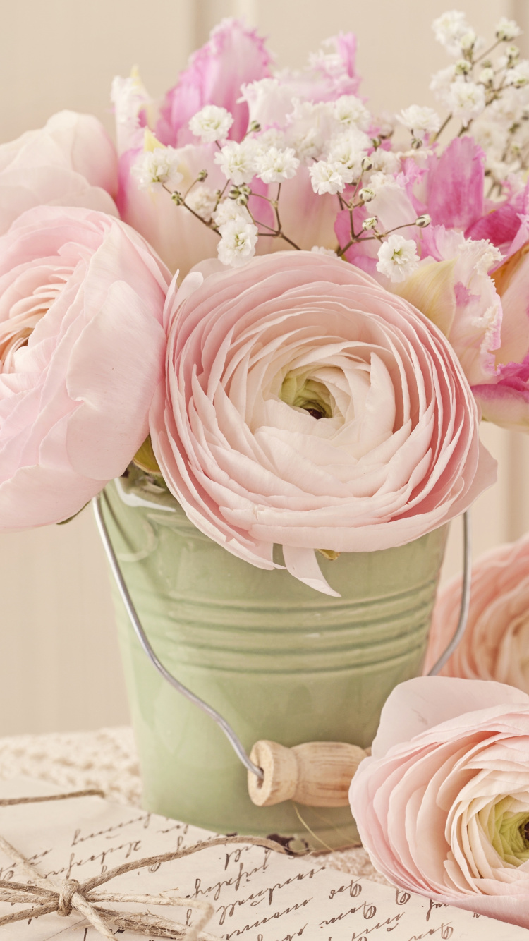 Pink Roses in Green Ceramic Vase. Wallpaper in 750x1334 Resolution