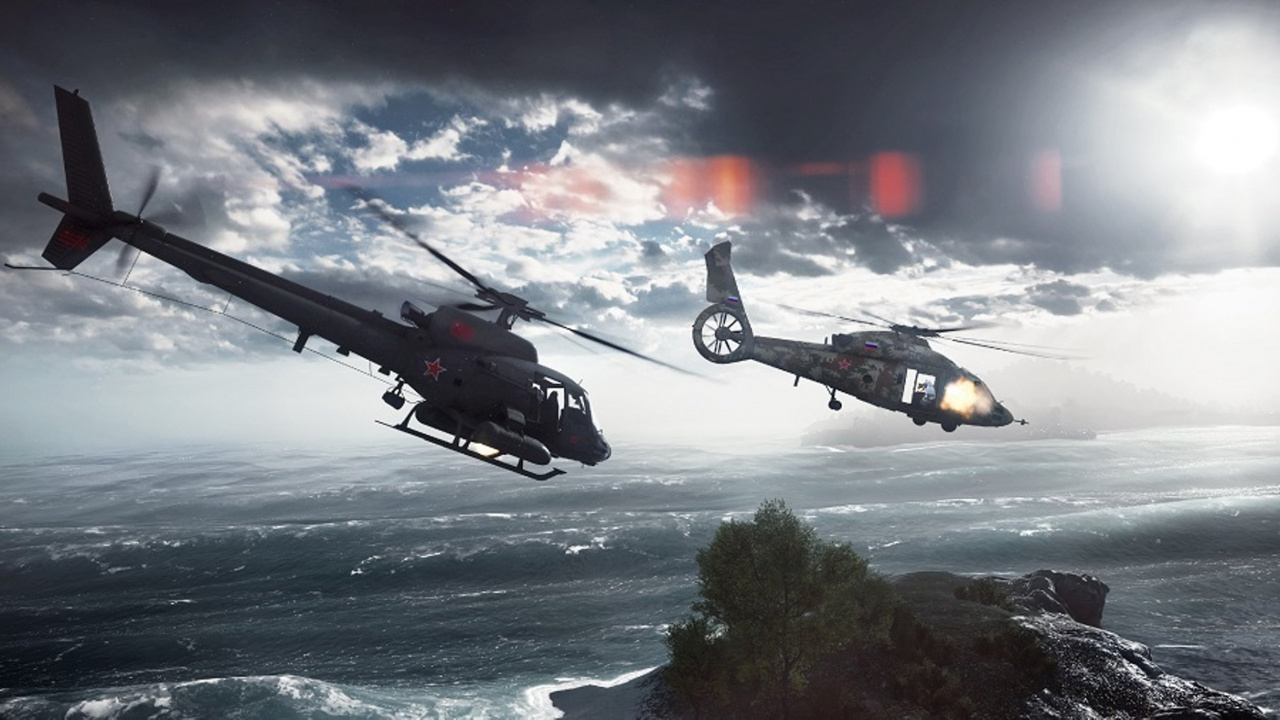 Black Helicopter Flying Over The Sea During Daytime. Wallpaper in 1280x720 Resolution