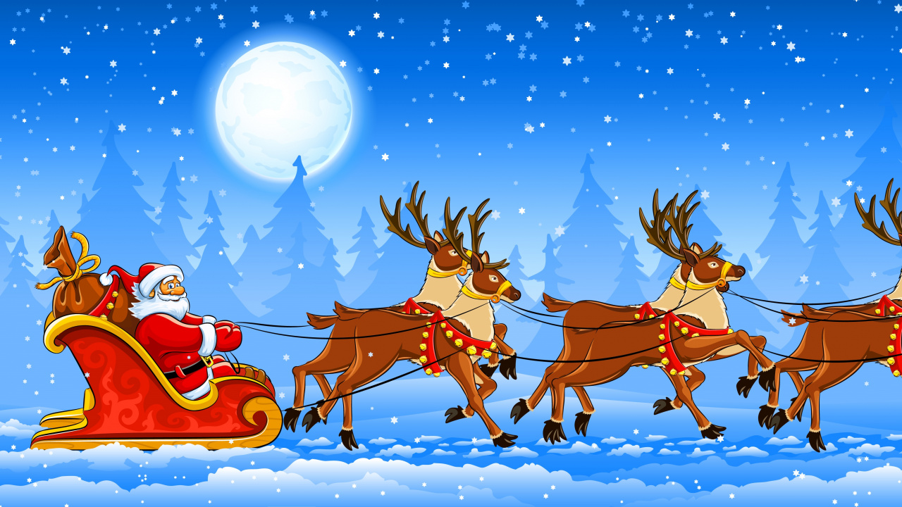 Reindeer, Santa Claus, Sled, Christmas Day, Vector Graphics. Wallpaper in 1280x720 Resolution