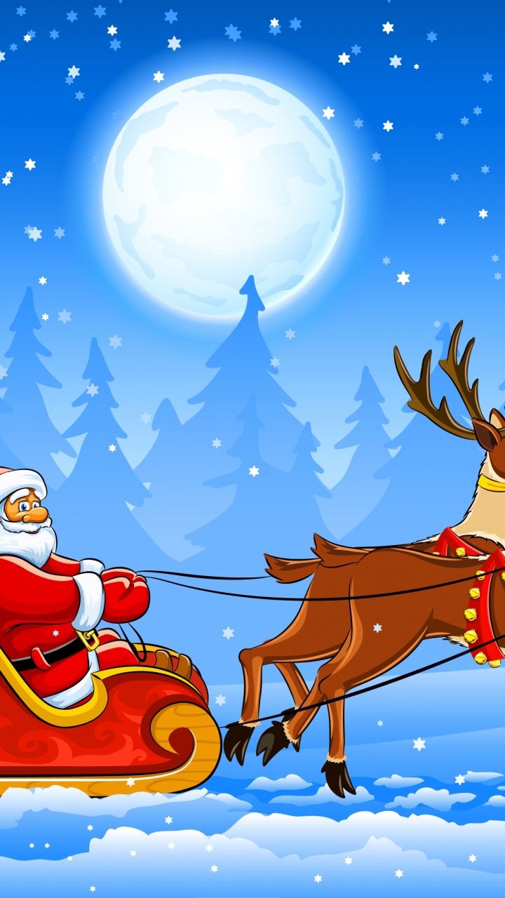 Reindeer, Santa Claus, Sled, Christmas Day, Vector Graphics. Wallpaper in 720x1280 Resolution