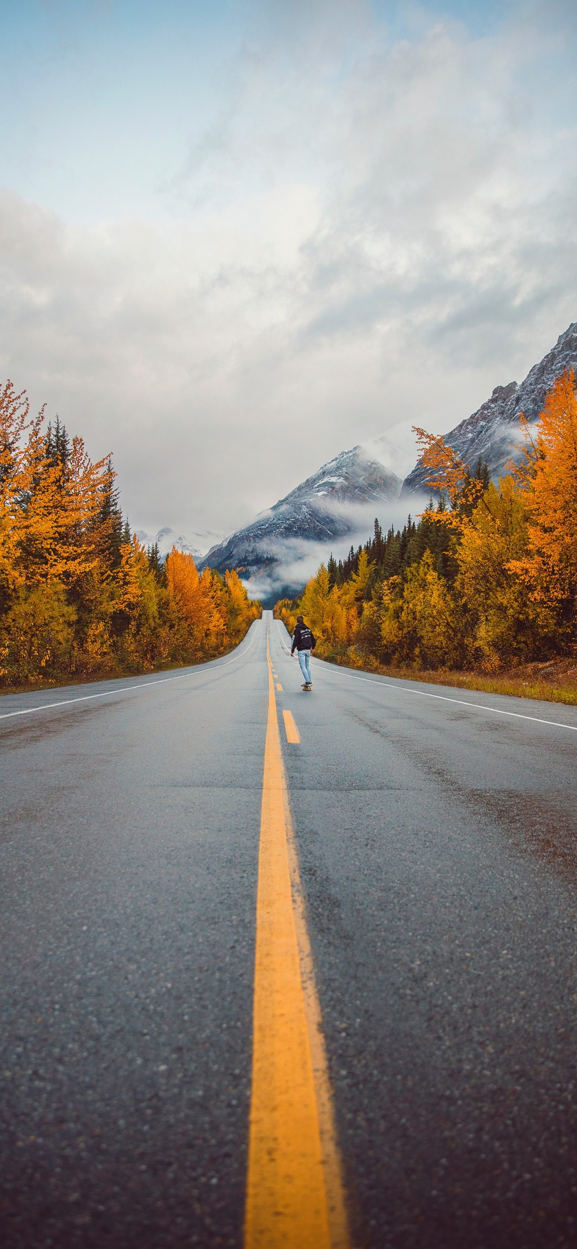 Road, Mountain, Autumn, Larch, Sky. Wallpaper in 1125x2436 Resolution