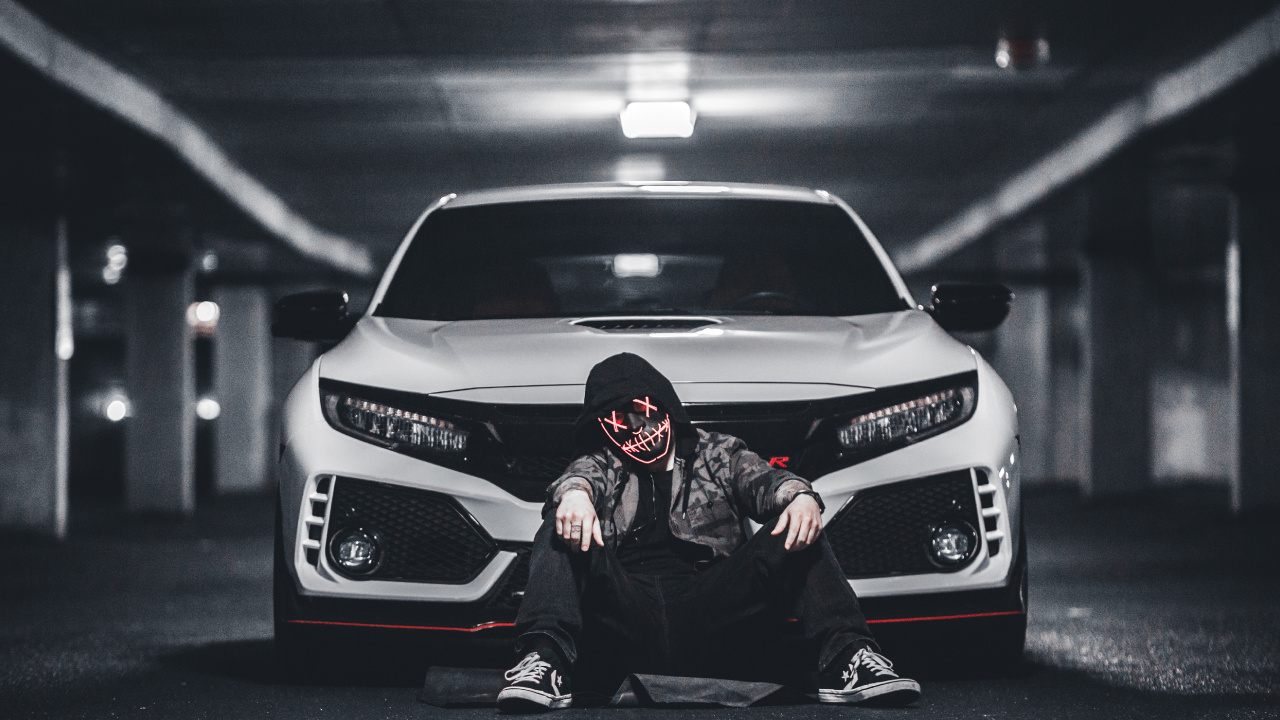 Man in Black Jacket and Black Pants Sitting on White Mercedes Benz Car. Wallpaper in 1280x720 Resolution