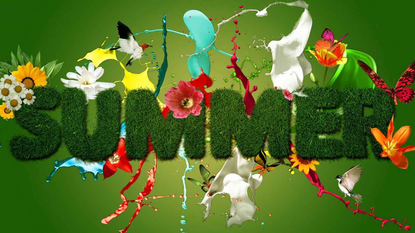 White and Red Birds on Green Pine Tree. Wallpaper in 1366x768 Resolution