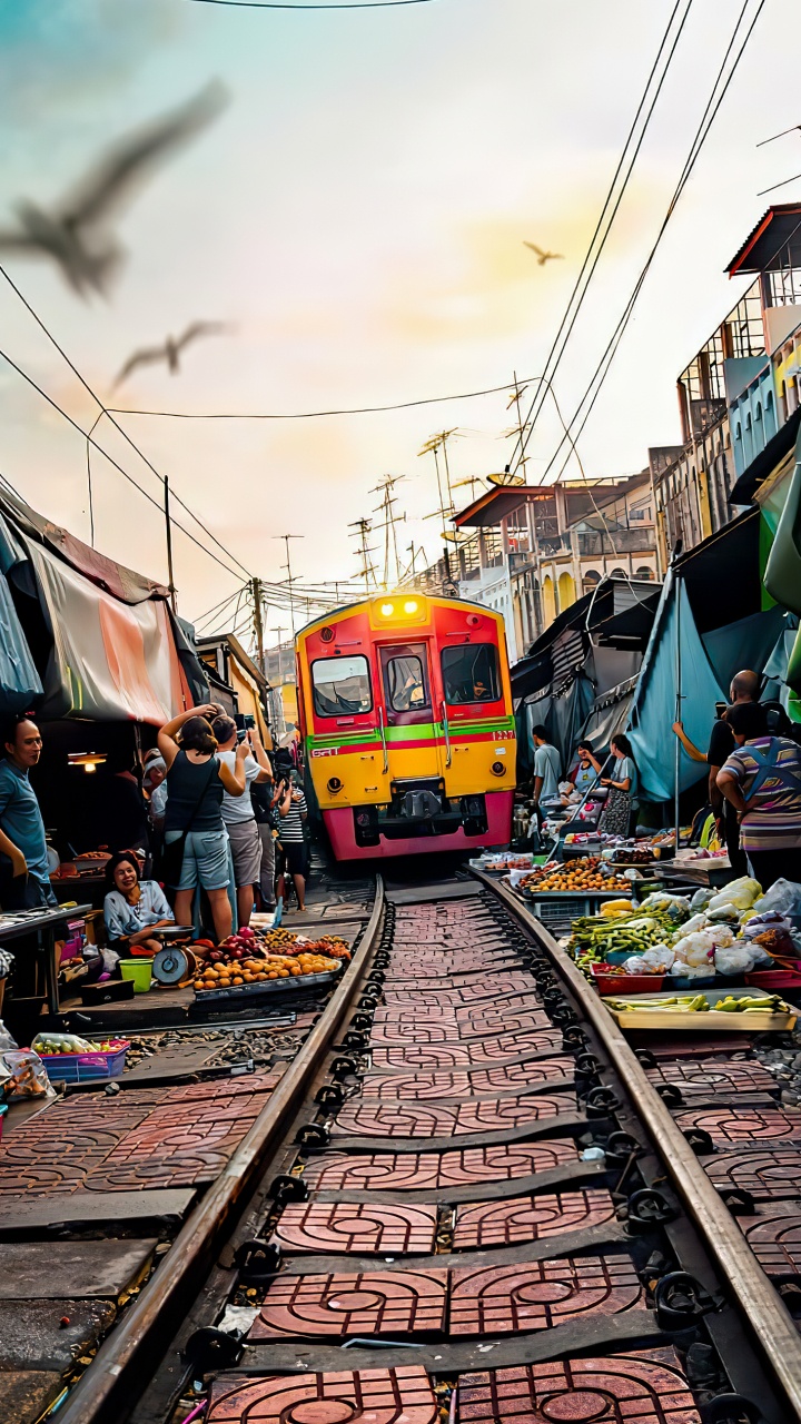 Maeklong Railway Market, Talad Rom Hub, Train, Mae Klong, Bangkok. Wallpaper in 720x1280 Resolution