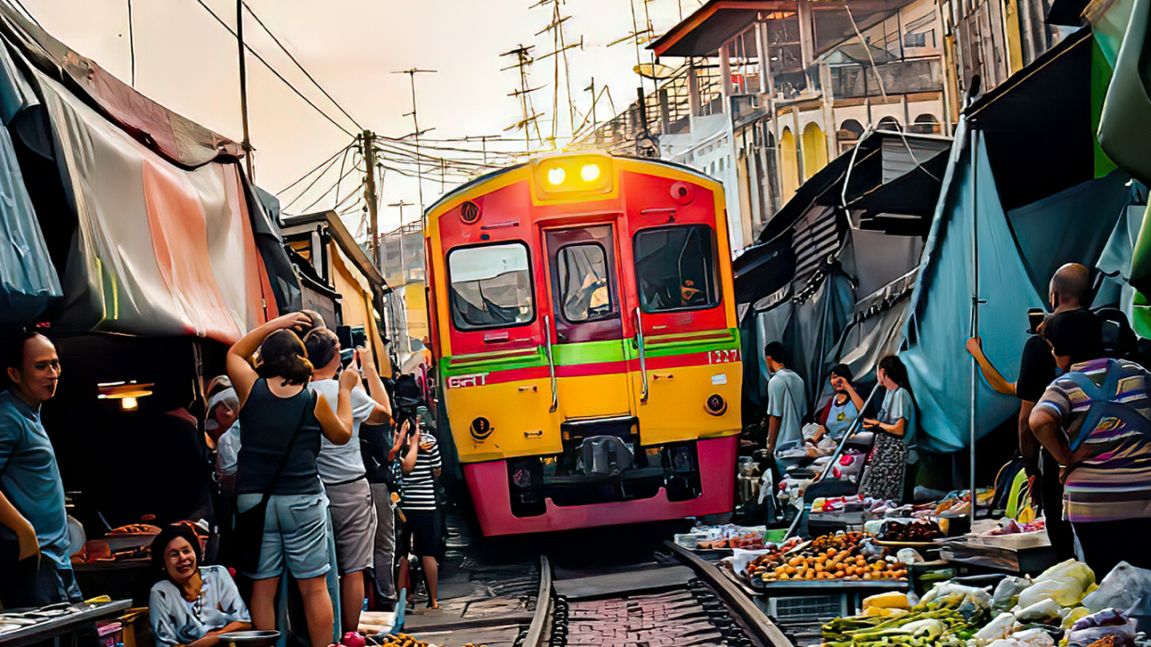 Mercado Ferroviario de Maeklong, Centro de ROM de Talad, Tren, Klong Es, Bangkok. Wallpaper in 1280x720 Resolution