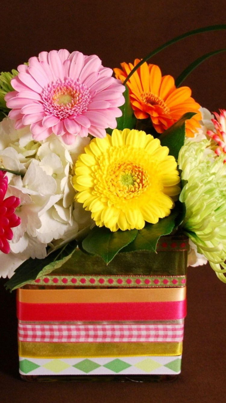 Pink and White Flowers in Red and Green Box. Wallpaper in 750x1334 Resolution