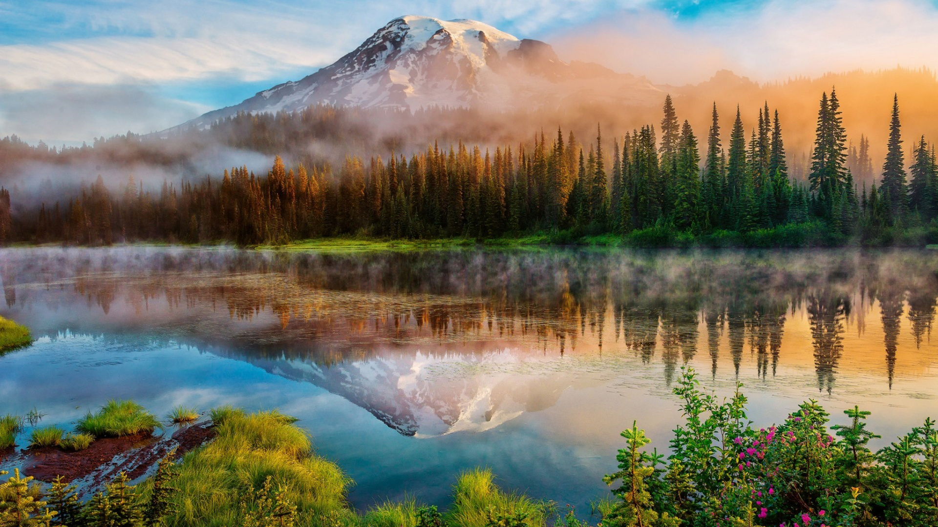 le Mont Rainier, Nature, Paysage Naturel, Réflexion, Lac. Wallpaper in 1920x1080 Resolution