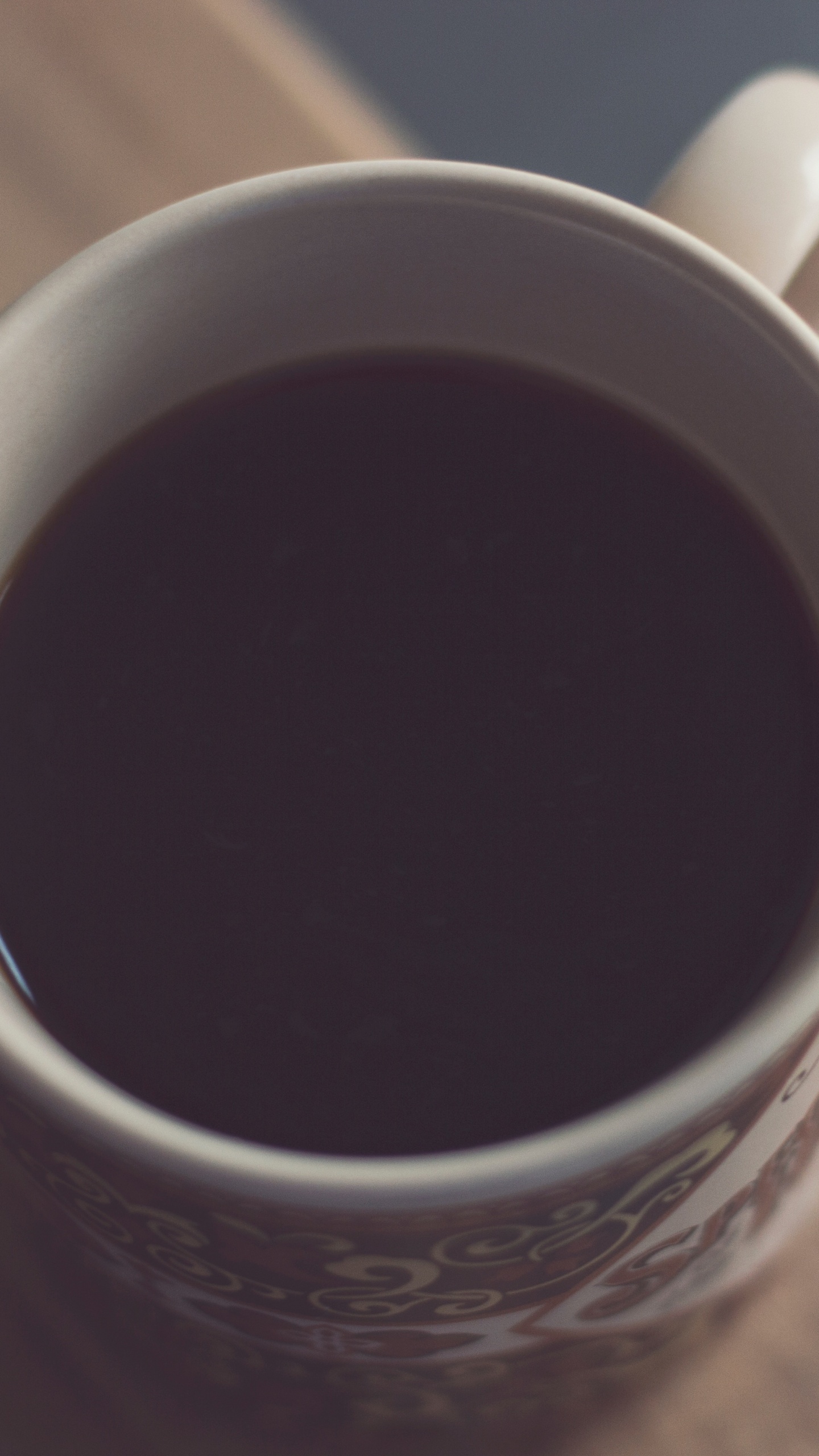 White Ceramic Mug on Brown Wooden Table. Wallpaper in 1440x2560 Resolution