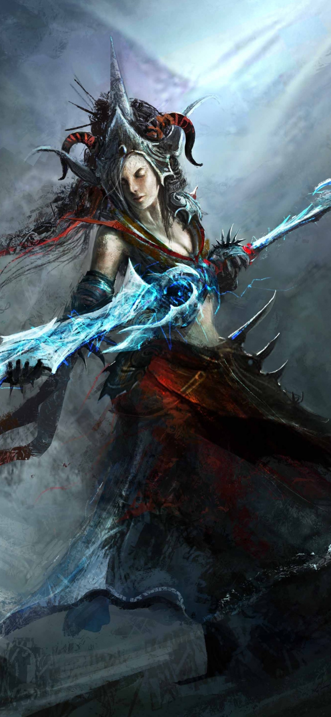 Woman in Blue Dress Holding a Sword Illustration. Wallpaper in 1125x2436 Resolution